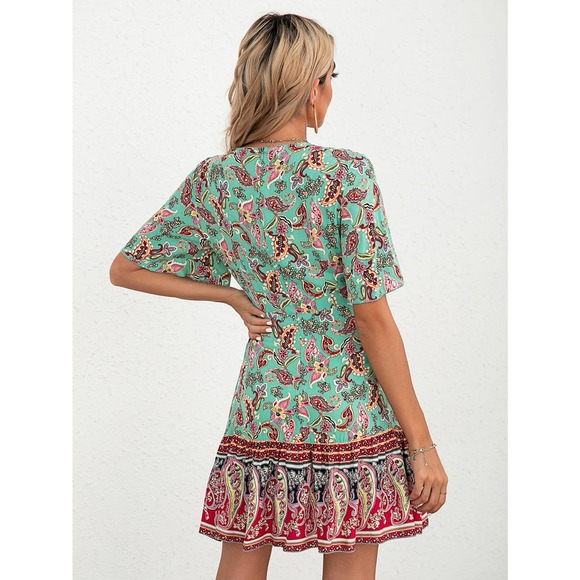 Paisley Floral Print Tie Front Flutter Sleeve Ruffle Hem Dress boho - Picture 2 of 6